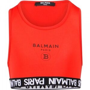 Balmain Kids Graphic Logo Print Scoop Neck Crop Top Size 16